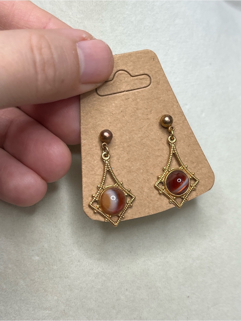 Vintage striped agate gold tone gangle earrings